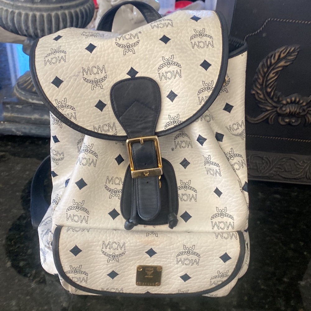 MCM White Leather Backpack with Blue Suede Inside & Brass trim